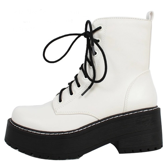 White Lace Up Platform Combat Boots - Picture 6 of 12